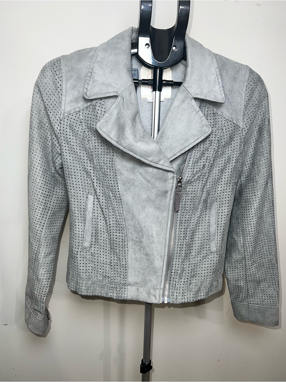 Anthropologie Light Gray Perforated Vegan Suede Moto Jacket